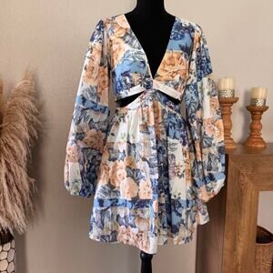 Showpo Emily Mini Dress US 6 Blue Orange Patchwork Floral Long Sleeve Cutout